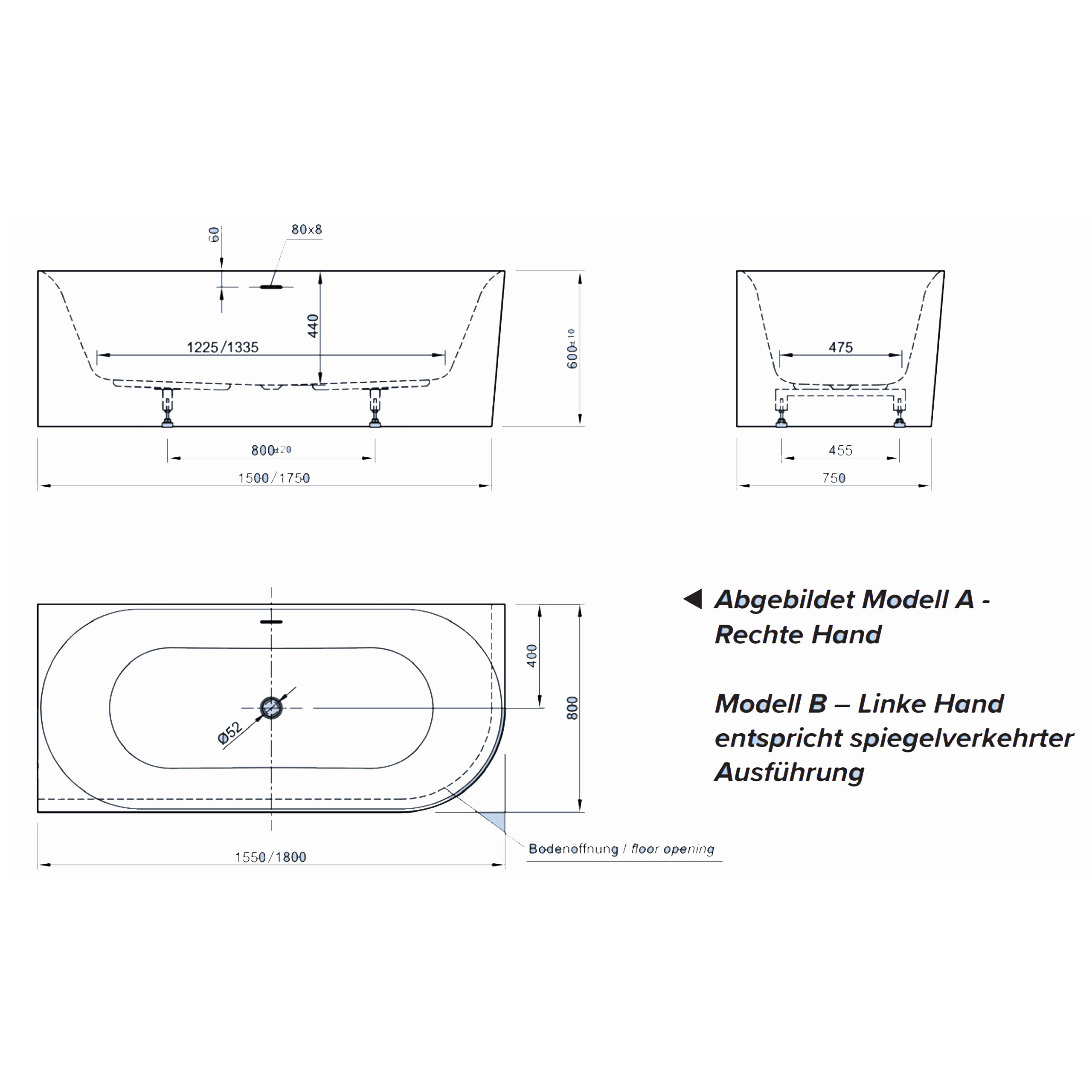 Ottofond Badewanne Mince Corner rechts 180 x 80 cm mit Whirlpoolsystem